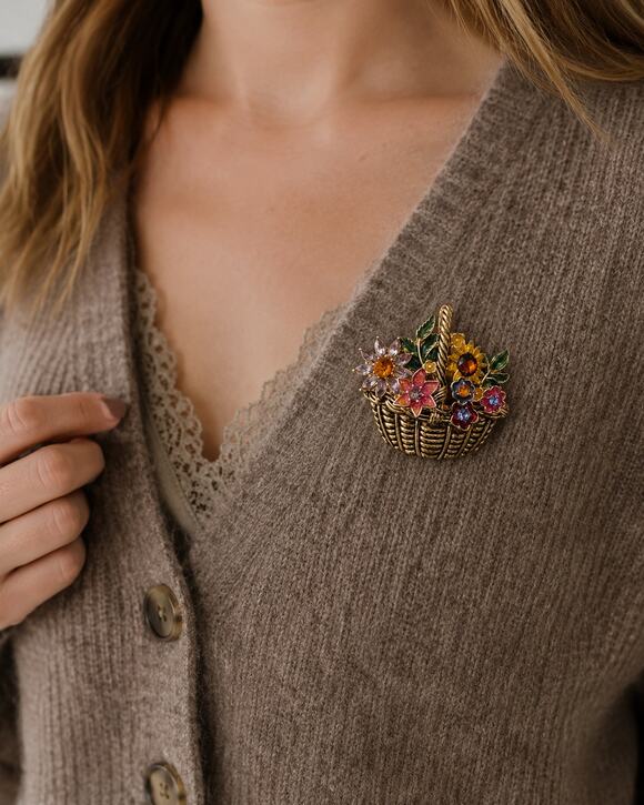 Napier Jewelry - NAPIER Floral Basket Brooch Enamel Rhinestone Flower Pin on Card Fall Gold Tone